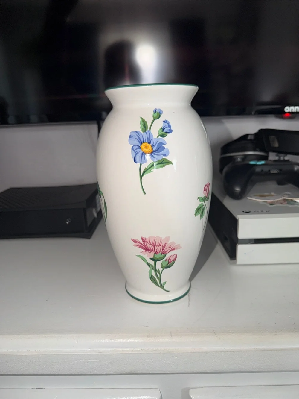 Tiffany & Co. White Ceramic Vase with Pink Floral Motif and Green Trim